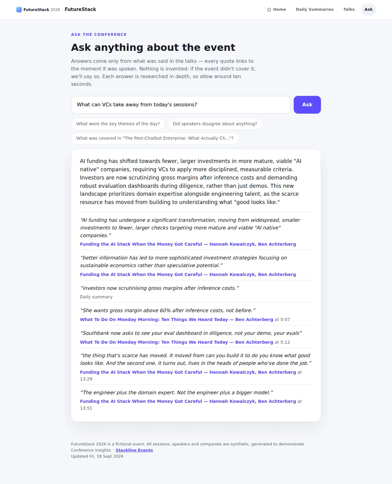 Ask the conference answering “What can VCs take away from today's sessions?” with seven cited quotes from two sessions and the daily summary