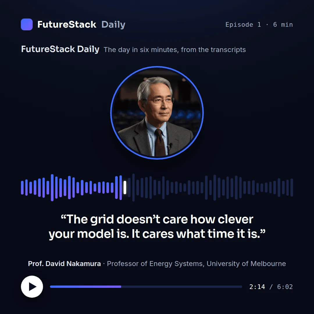 A podcast still for FutureStack Daily, episode 1: Prof. David Nakamura’s portrait, a waveform, his quote about the grid and a play button