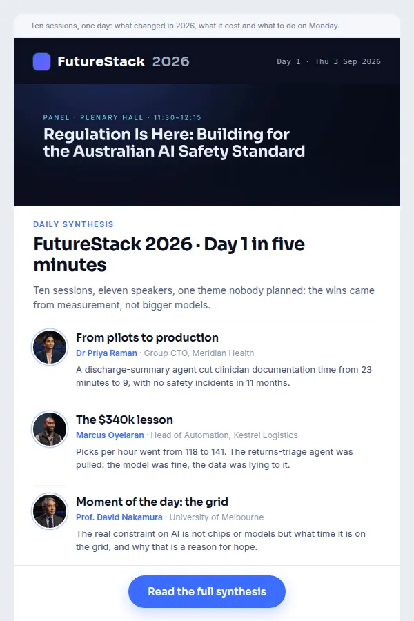 The top of a FutureStack 2026 email titled "Day 1 in five minutes": a session poster, three speaker highlights and a "Read the full synthesis" button
