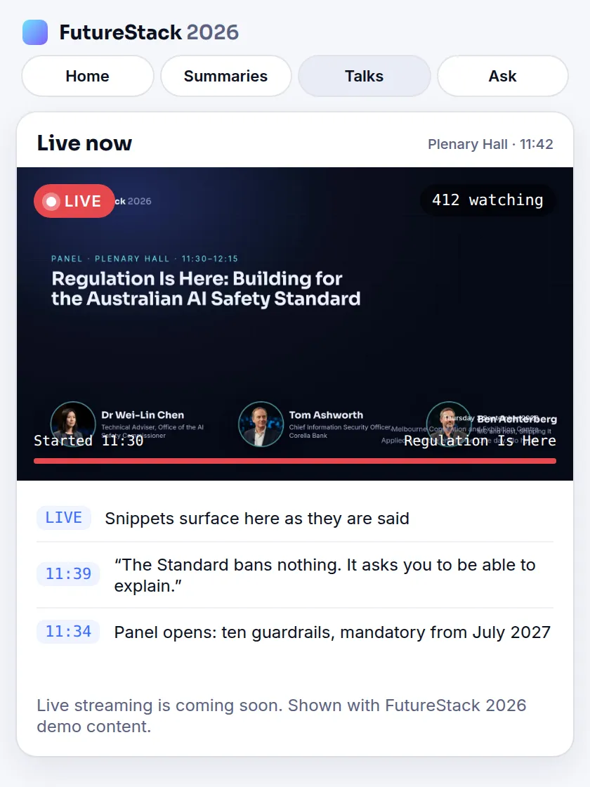 Live streaming (coming soon): a session streaming from the Plenary Hall with live snippets